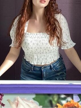 Puff sleeve crop top blouse floral print with tie bow in back cottagecore